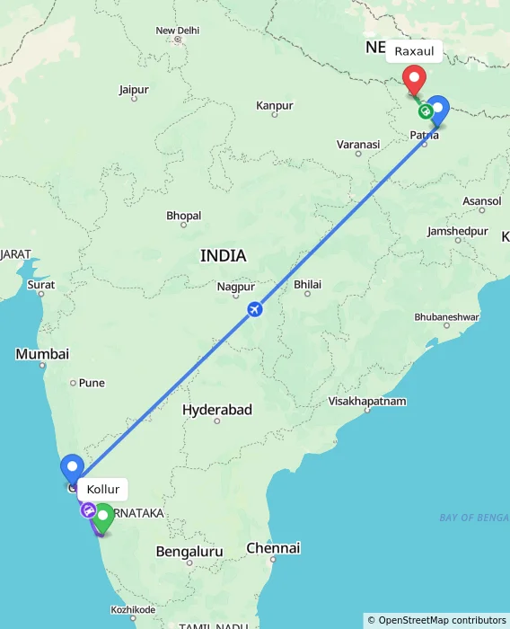 Route map showing distance and travel time from Kollur, India to Raxaul, India