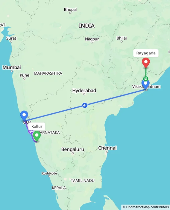 Route map showing distance and travel time from Kollur, India to Rayagada, India