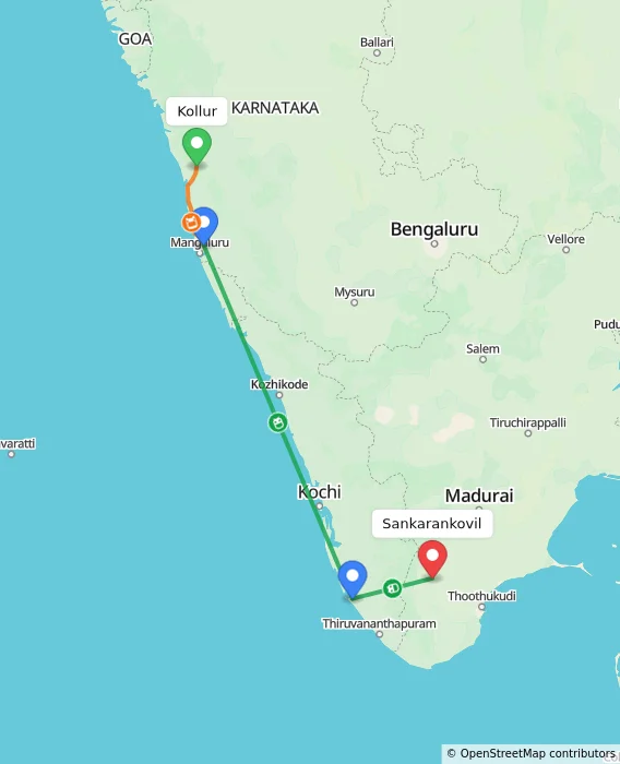 Route map showing distance and travel time from Kollur, India to Sankarankovil, India
