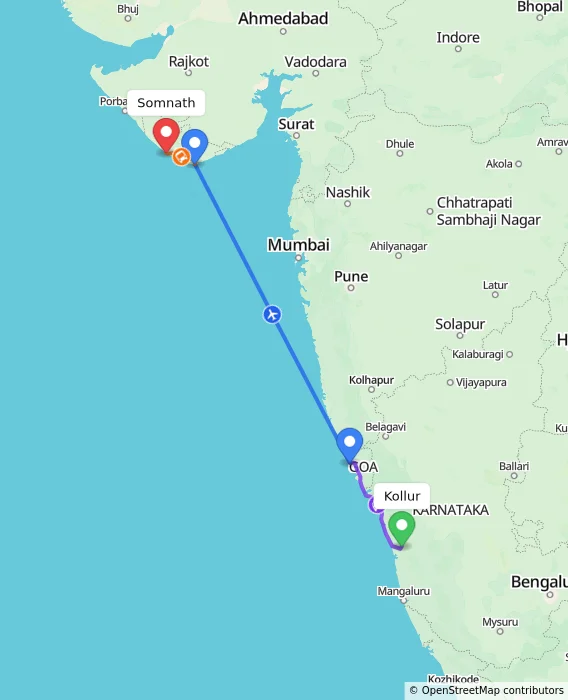 Route map showing distance and travel time from Kollur, India to Somnath, India