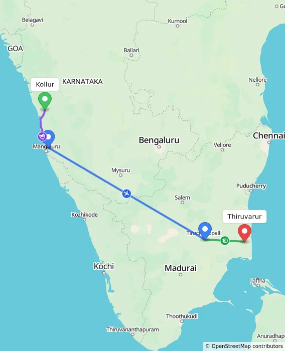 Route map showing distance and travel time from Kollur, India to Thiruvarur, India