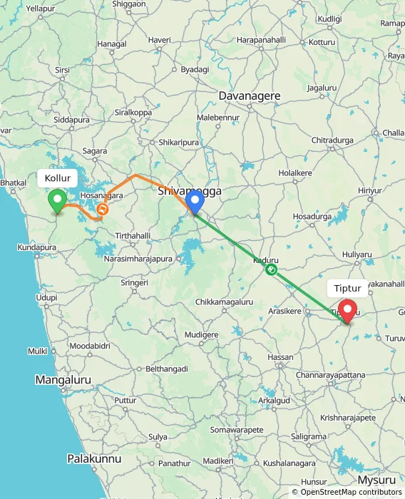 Route map showing distance and travel time from Kollur, India to Tiptur, India