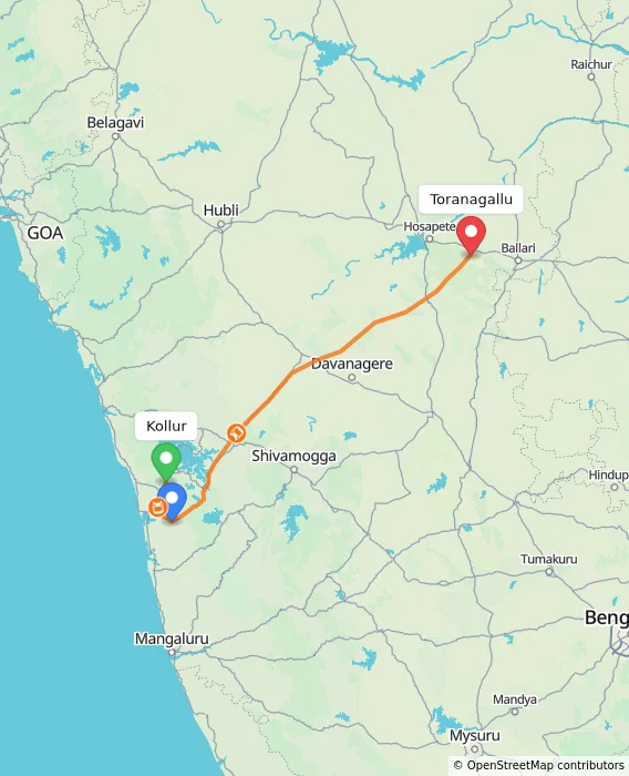 Route map showing distance and travel time from Kollur, India to Toranagallu, India