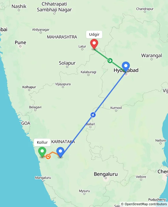 Route map showing distance and travel time from Kollur, India to Udgir, India