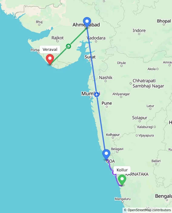 Route map showing distance and travel time from Kollur, India to Veraval, India