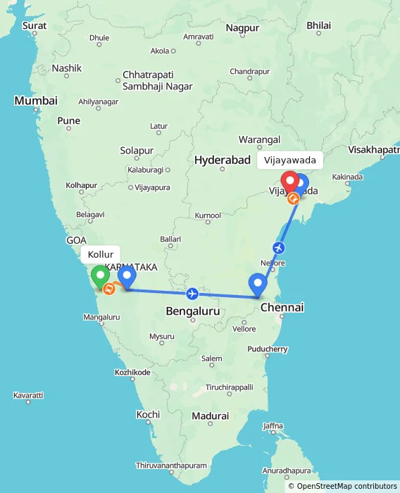 Route map showing distance and travel time from Kollur, India to Vijayawada, India