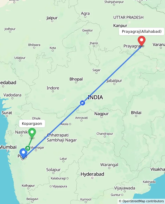 Route map showing distance and travel time from Kopargaon, India to Allahabad, India