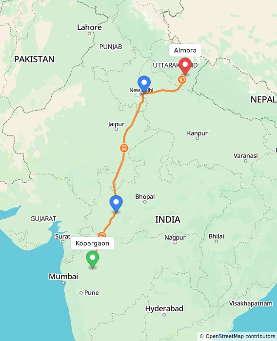 Route map showing distance and travel time from Kopargaon, India to Almora, India