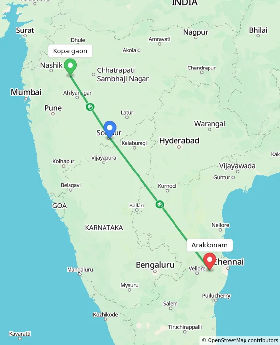 Route map showing distance and travel time from Kopargaon, India to Arakkonam, India