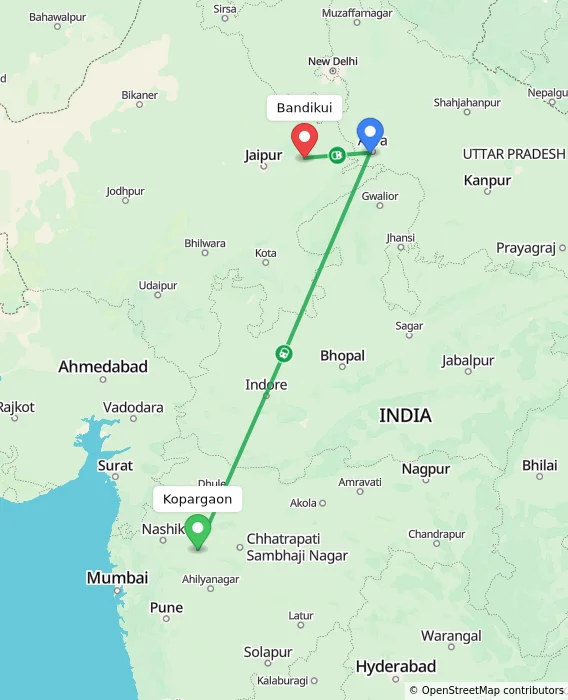 Route map showing distance and travel time from Kopargaon, India to Bandikui, India