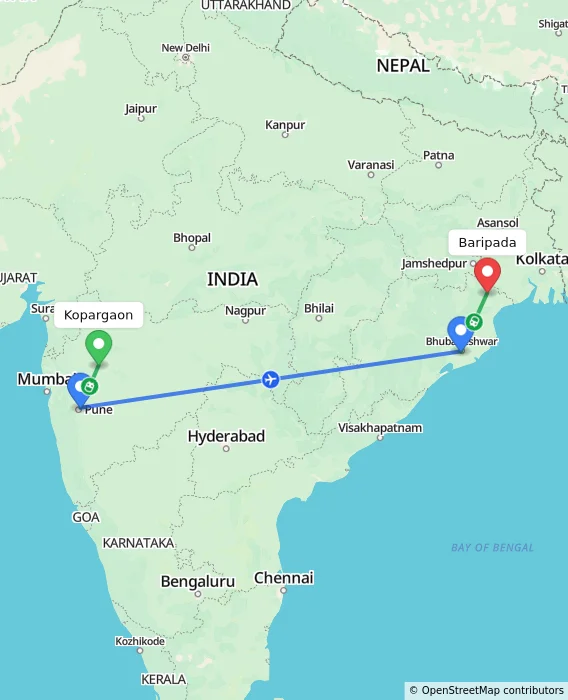 Route map showing distance and travel time from Kopargaon, India to Baripada, India