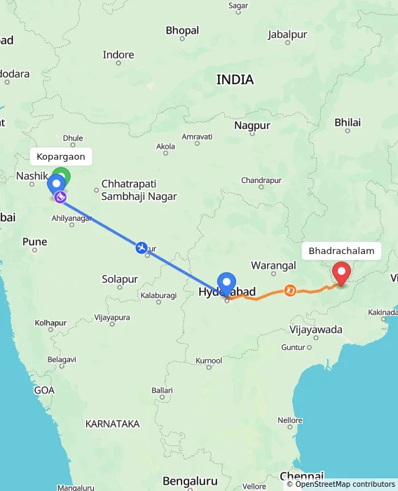 Route map showing distance and travel time from Kopargaon, India to Bhadrachalam, India