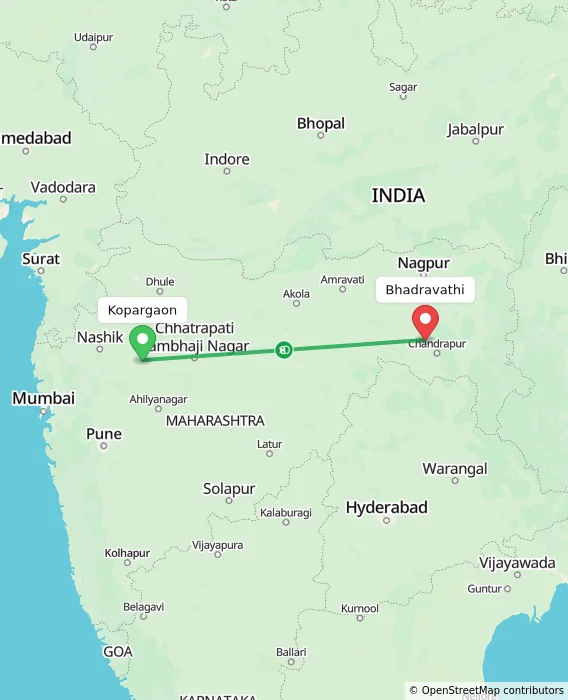 Route map showing distance and travel time from Kopargaon, India to Bhadravathi, India