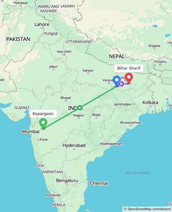 Route map showing distance and travel time from Kopargaon, India to Bihar Sharif, India