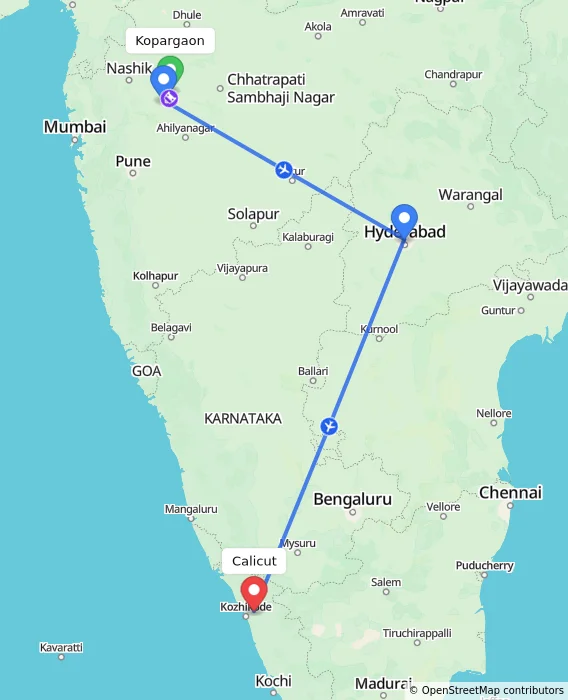 Route map showing distance and travel time from Kopargaon, India to Calicut, India