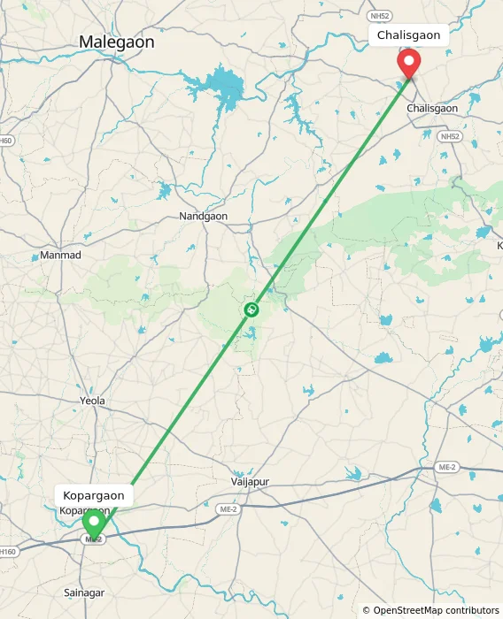 Route map showing distance and travel time from Kopargaon, India to Chalisgaon, India