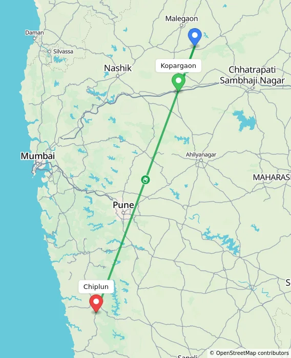 Route map showing distance and travel time from Kopargaon, India to Chiplun, India