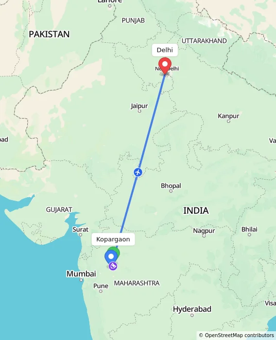 Route map showing distance and travel time from Kopargaon, India to Delhi, India