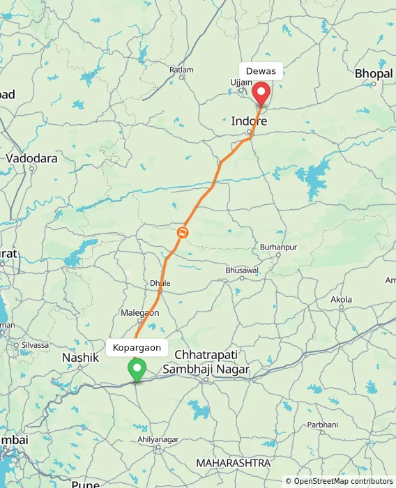 Route map showing distance and travel time from Kopargaon, India to Dewas, India