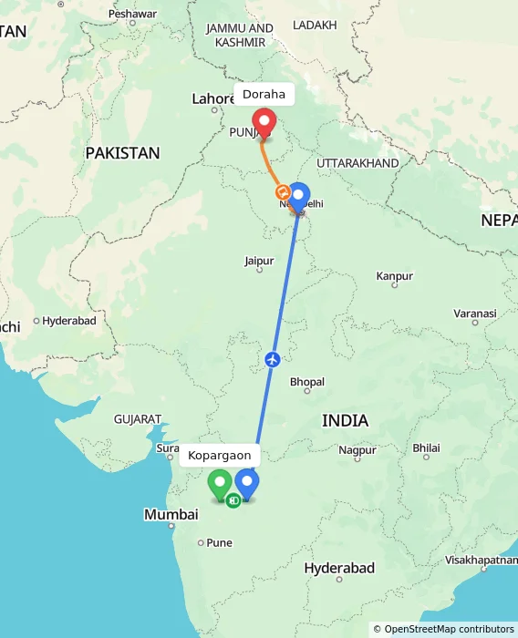 Route map showing distance and travel time from Kopargaon, India to Doraha, India