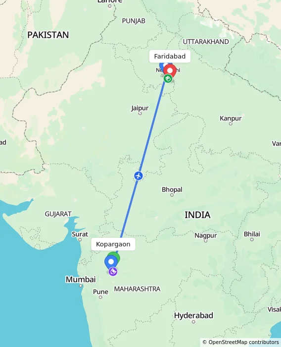 Route map showing distance and travel time from Kopargaon, India to Faridabad, India