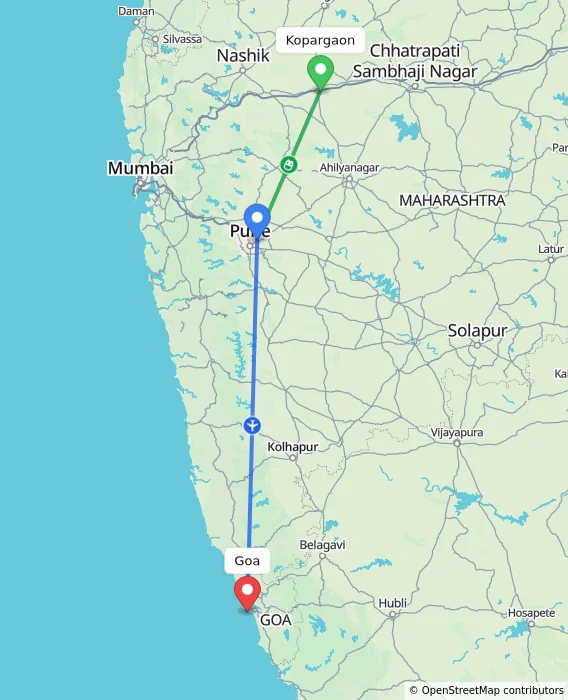 Route map showing distance and travel time from Kopargaon, India to Goa, India