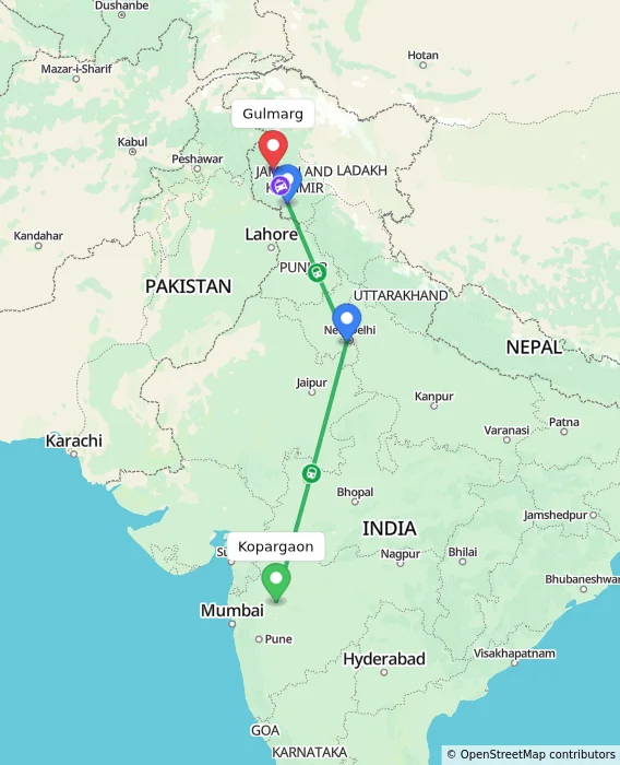 Route map showing distance and travel time from Kopargaon, India to Gulmarg, India