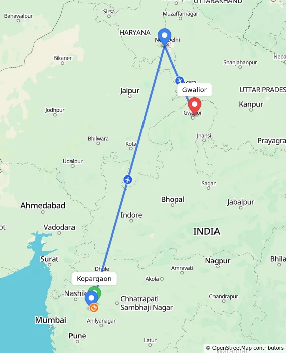 Route map showing distance and travel time from Kopargaon, India to Gwalior, India