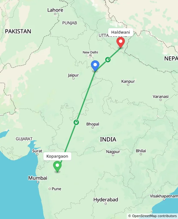 Route map showing distance and travel time from Kopargaon, India to Haldwani, India