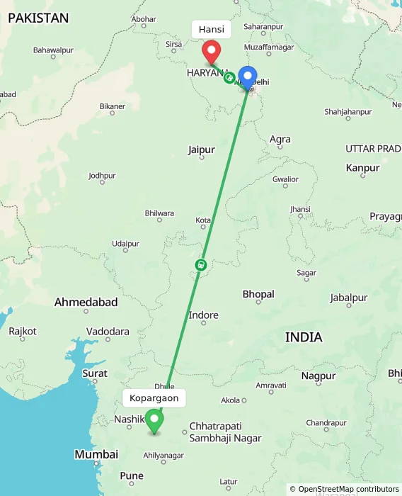 Route map showing distance and travel time from Kopargaon, India to Hansi, India