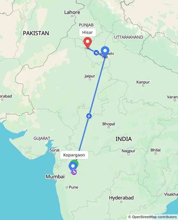 Route map showing distance and travel time from Kopargaon, India to Hisar, India