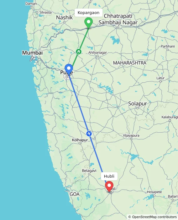 Route map showing distance and travel time from Kopargaon, India to Hubli, India
