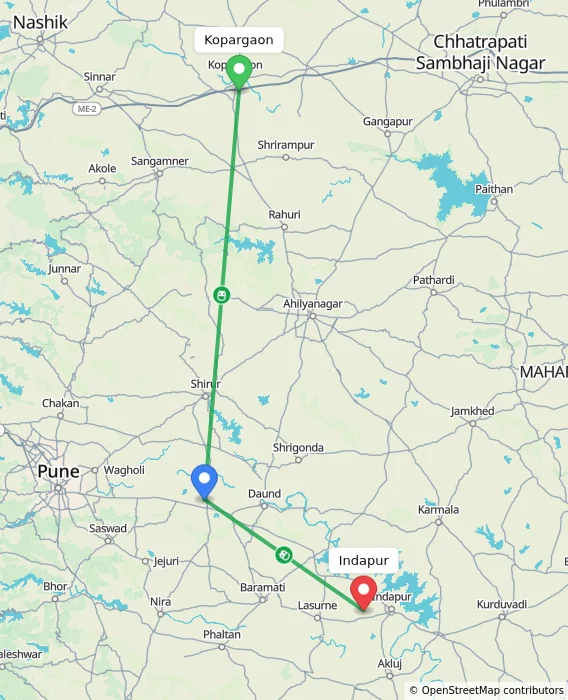 Route map showing distance and travel time from Kopargaon, India to Indapur, India