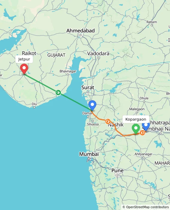 Route map showing distance and travel time from Kopargaon, India to Jetpur, India