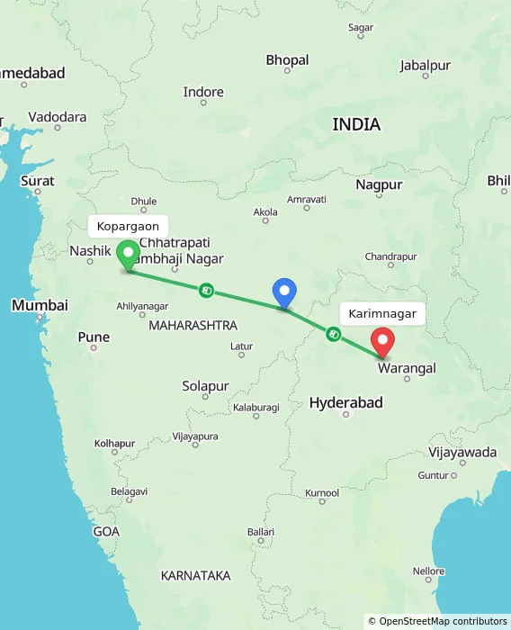 Route map showing distance and travel time from Kopargaon, India to Karimnagar, India