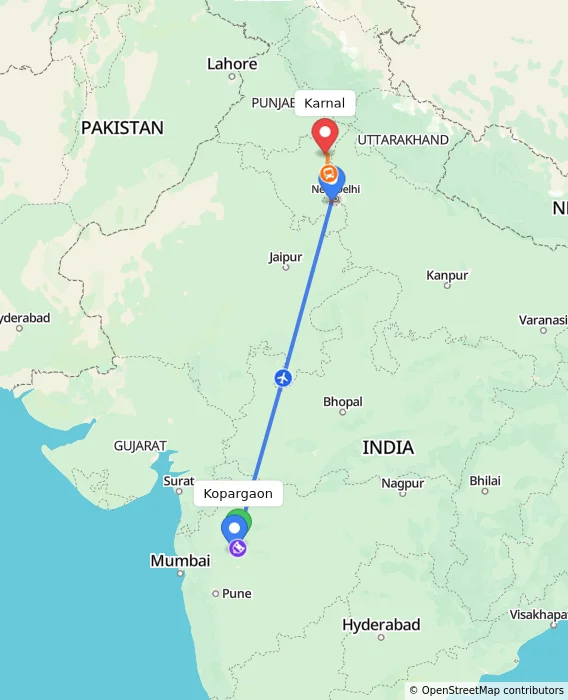 Route map showing distance and travel time from Kopargaon, India to Karnal, India