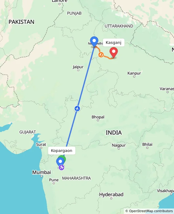 Route map showing distance and travel time from Kopargaon, India to Kasganj, India