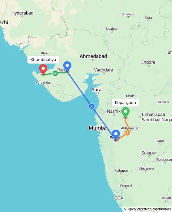 Route map showing distance and travel time from Kopargaon, India to Khambhaliya, India