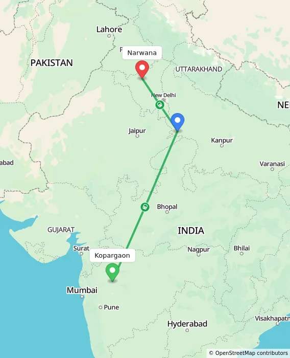 Route map showing distance and travel time from Kopargaon, India to Narwana, India