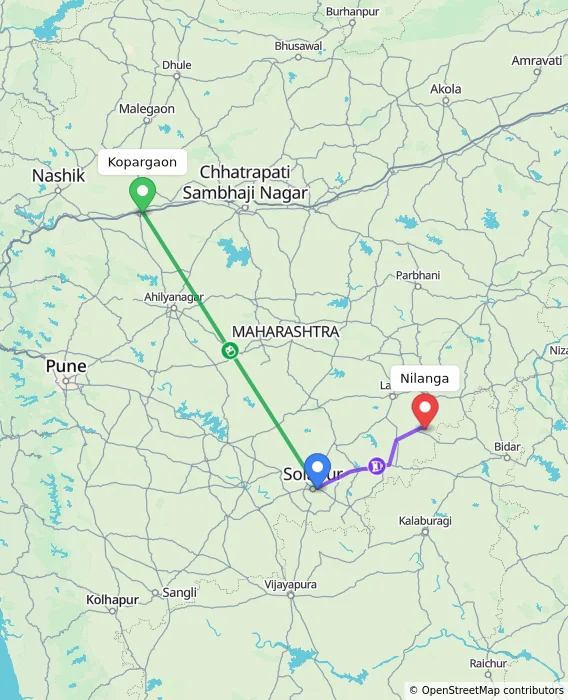 Route map showing distance and travel time from Kopargaon, India to Nilanga, India