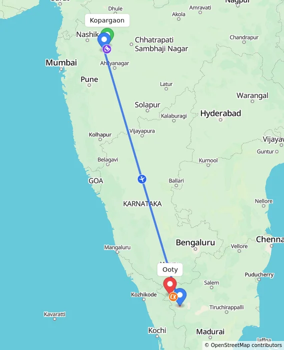 Route map showing distance and travel time from Kopargaon, India to Ooty, India