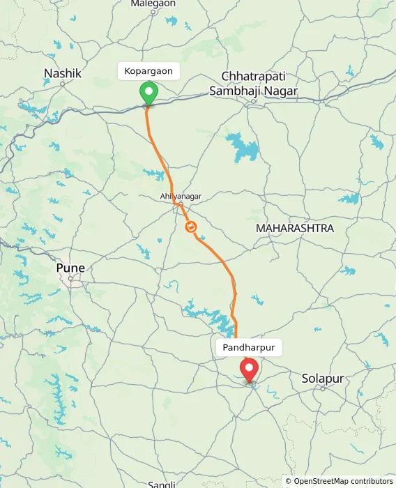 Route map showing distance and travel time from Kopargaon, India to Pandharpur, India