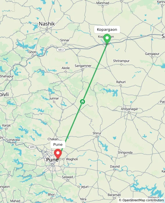 Route map showing distance and travel time from Kopargaon, India to Pune, India