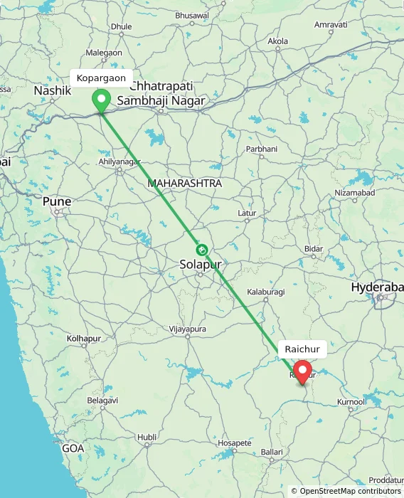 Route map showing distance and travel time from Kopargaon, India to Raichur, India