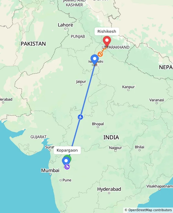 Route map showing distance and travel time from Kopargaon, India to Rishikesh, India