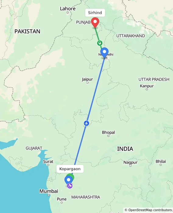 Route map showing distance and travel time from Kopargaon, India to Sirhind, India