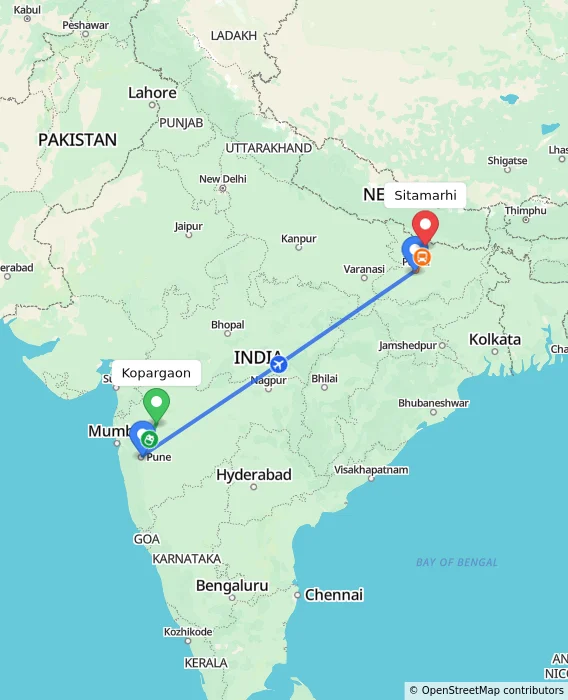 Route map showing distance and travel time from Kopargaon, India to Sitamarhi, India