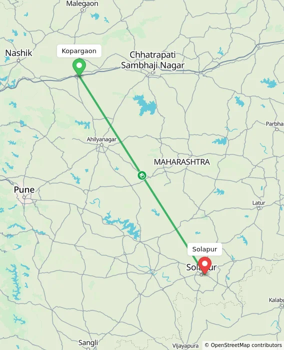 Route map showing distance and travel time from Kopargaon, India to Solapur, India