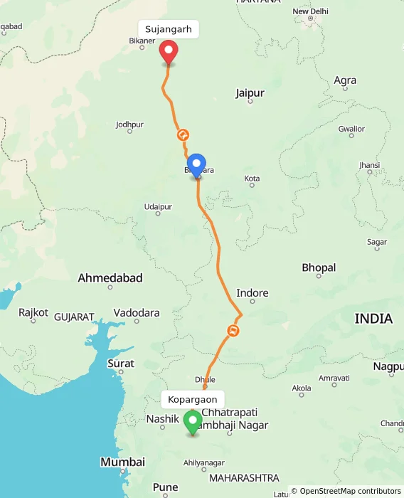 Route map showing distance and travel time from Kopargaon, India to Sujangarh, India