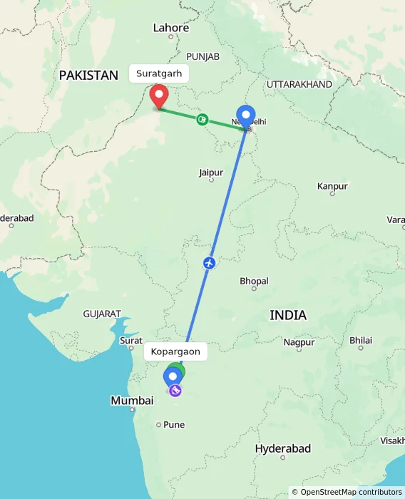 Route map showing distance and travel time from Kopargaon, India to Suratgarh, India